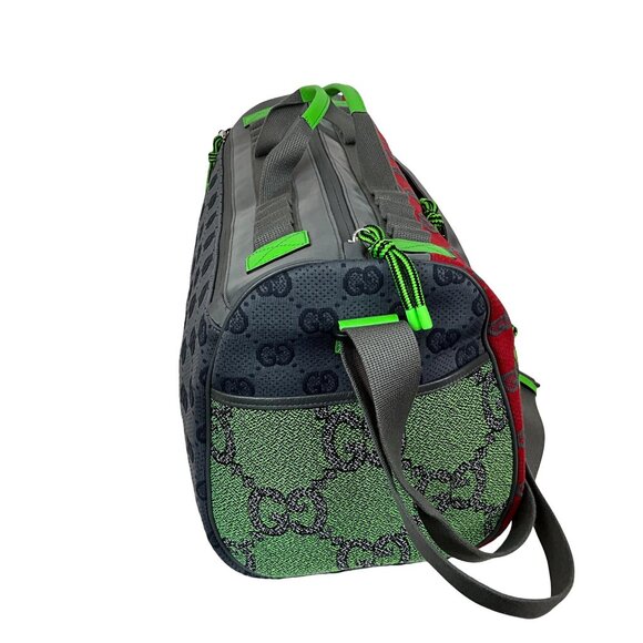 Gucci Men's Duffle Bag GG Jacquard Nylon & Rubber Large Color Gray-Green-Red - Picture 7 of 16